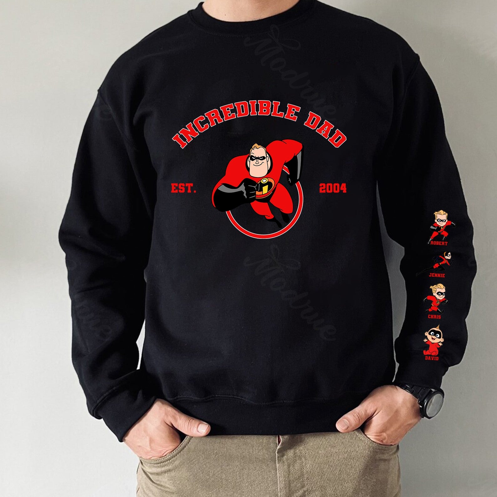 Incredible Dad Sweatshirt with Kid's Name on Sleeve