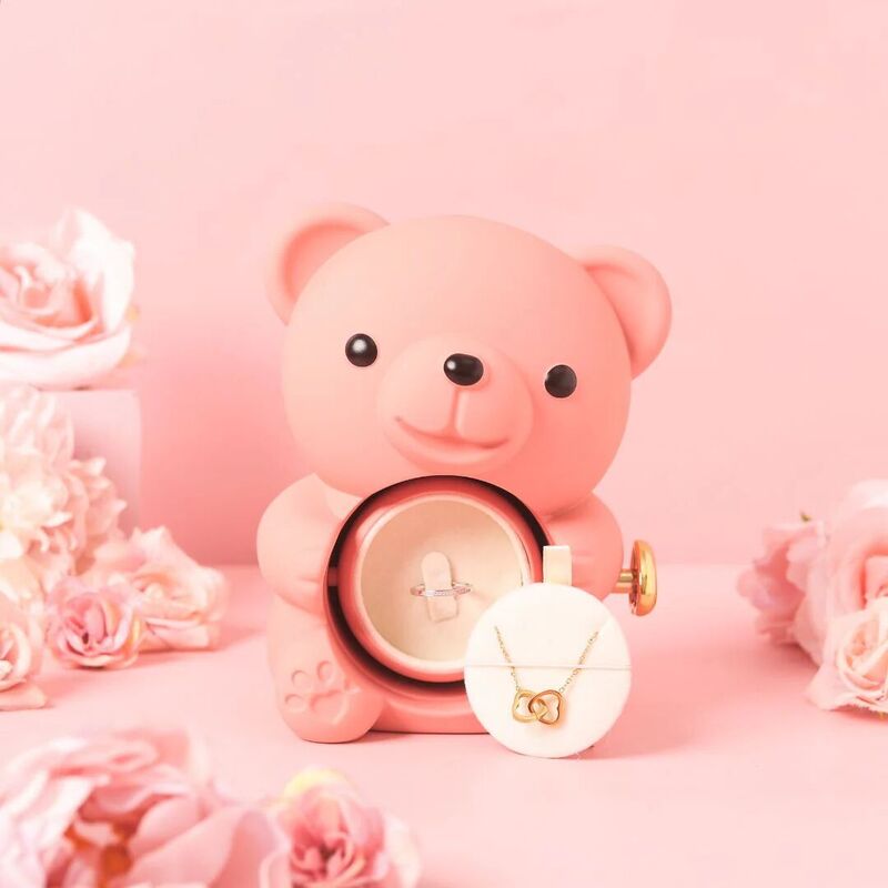 Pink Bear Jewelry Box With Eternal Rose Romantic Gift