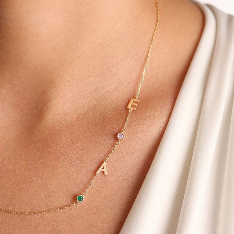 Custom Birthstone and Initial Necklace for Her Personalized Letter Jewelry Gift