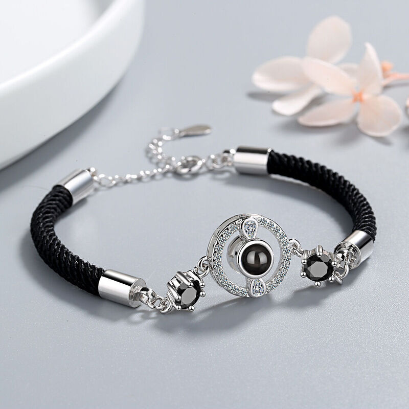 Personalized Round Photo Projection Braided Bracelet with Diamonds
