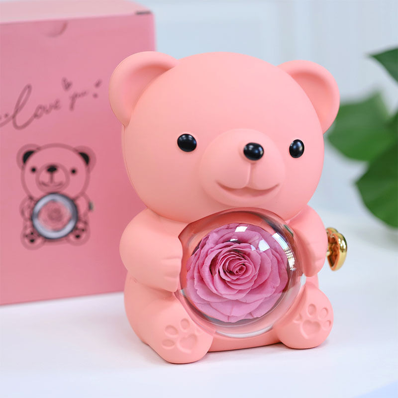 Pink Bear Jewelry Box With Eternal Rose Romantic Gift