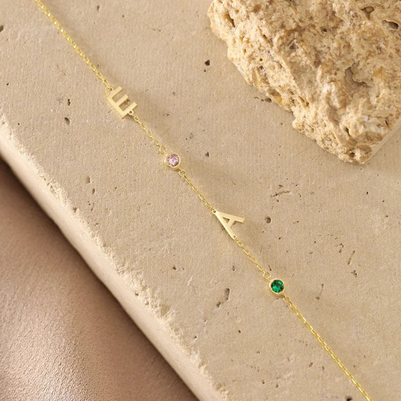 Custom Birthstone and Initial Necklace for Her Personalized Letter Jewelry Gift